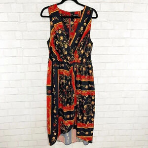 City Chic Black & Red Floral Sleeveless Midi Dress with High Low Hem Women's 14